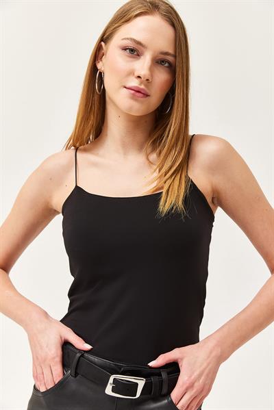 İp Askılı Uzun Crop Bluz Siyah