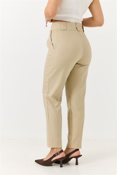 Kadın Havuç Model Yüksek Bel Kalın Kemerli Pantolon Bej