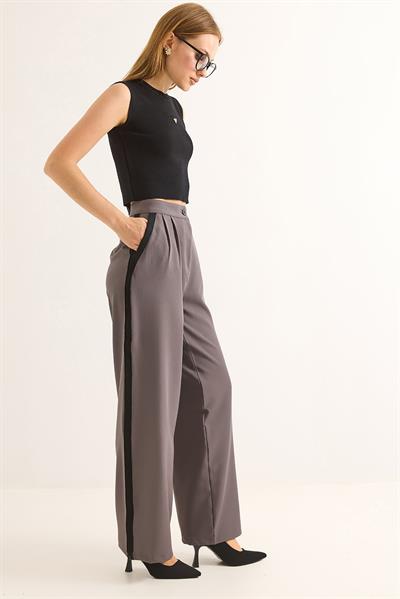 Yanları Şeritli Yüksel Bel Palazzo Pantolon Füme