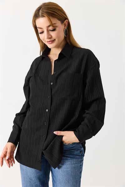 Kadın Oversize Müslim Kumaş Basic Gömlek Siyah
