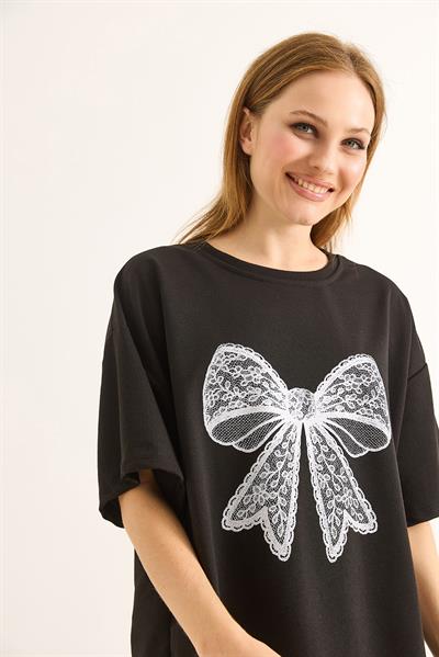 Fiyonk Baskılı Oversize Kesim Tshirt Siyah