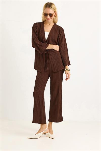 Kimonolu Pantalon Krınkıl Takım Kahverengi