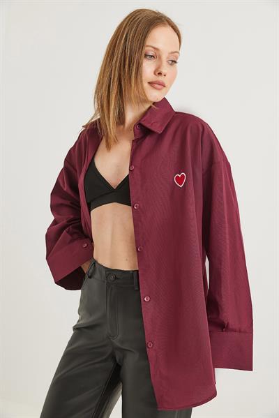 Kalp Nakışlı  Oversize Basic Gömlek Bordo