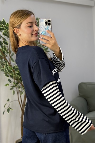 Kadın Yazı Baskılı Kolları Çizgili Bisiklet Yaka Tshirt Lacivert