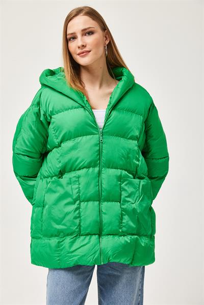 Kapüşonlu Oversize Şişme Mont Yeşil