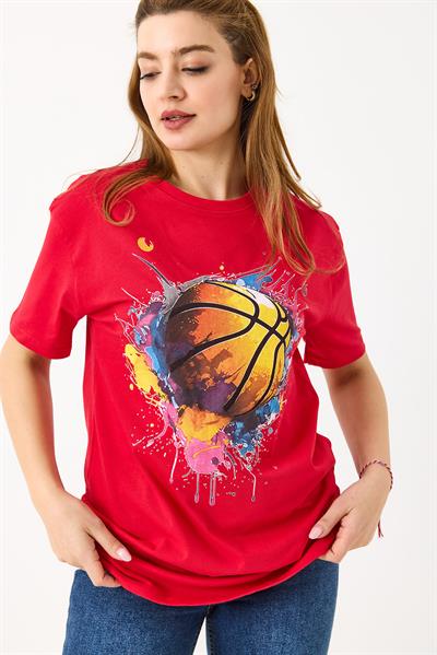 Kadın Basketbol Grafik Baskılı Günlük Tshirt  Kırmızı