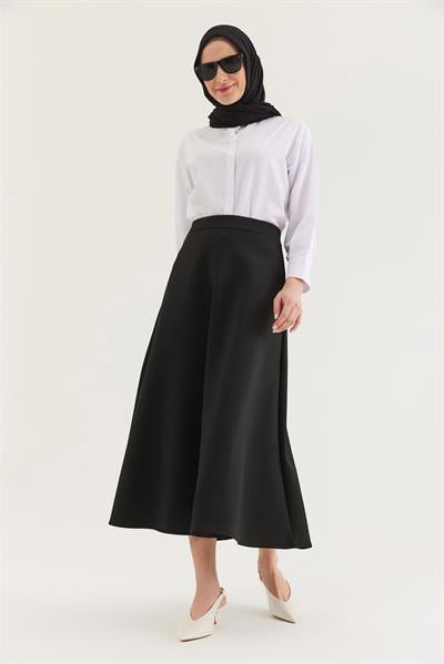 Beli Lastikli Kadın Kloş Etek Siyah