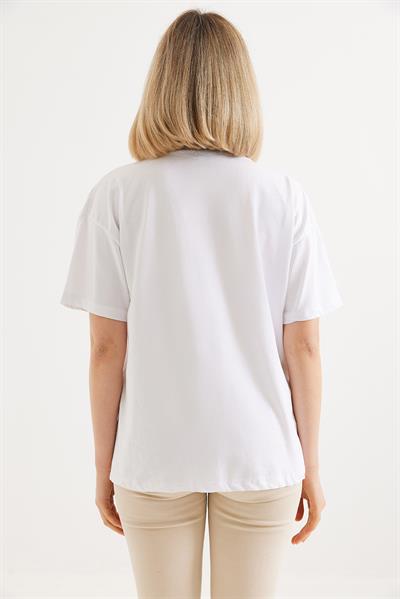 Aksesuar Detaylı Kadın Basic Tshirt Beyaz