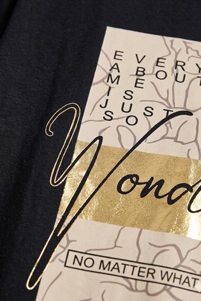 Kadın Bisiklet Yaka Baskılı Tshirt Siyah