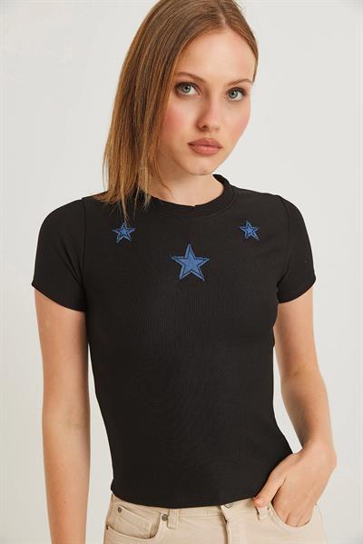Yıldız Detaylı Fitilli Kısa Kollu Crop Bluz Siyah