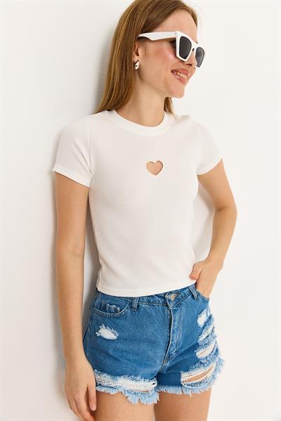 Kalp Detaylı Fitilli Örme Bluz Beyaz