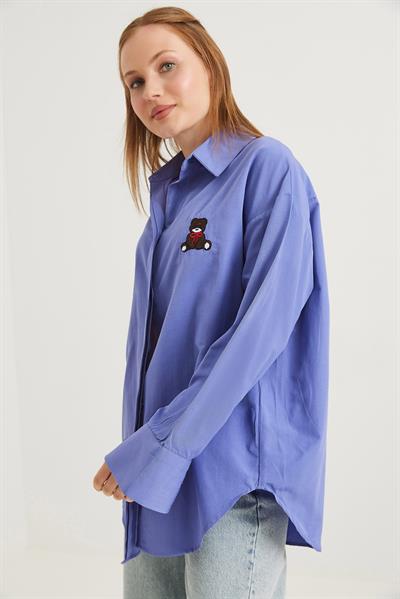 Ayıcık Nakışlı Oversize Basic Gömlek Lila