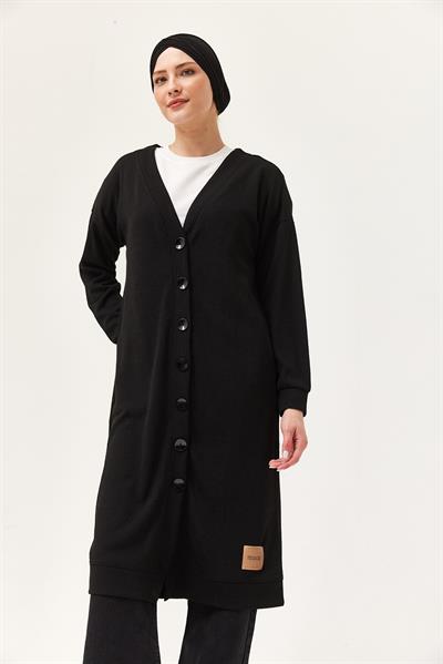 Düğmeli Triko Uzun Hırka Siyah