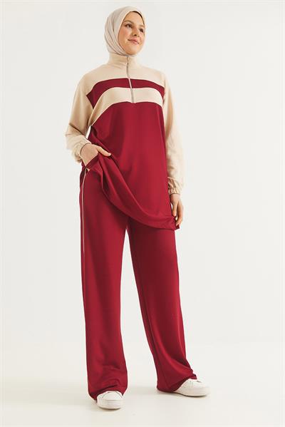Yaka Fermuarlı Garnili Oysho Kumaş Takım Bordo