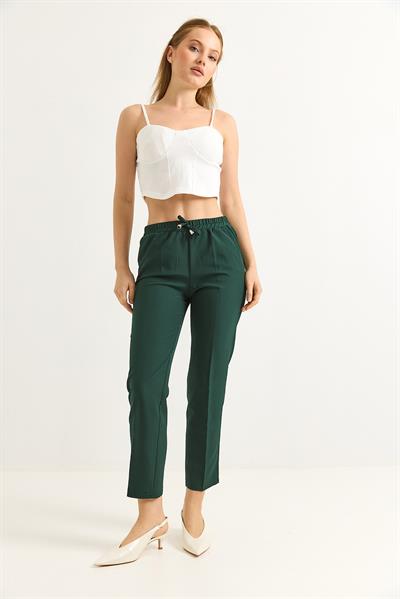 Beli Lastikli Kısa Paça Double Krep Pantolon Koyu Yeşil