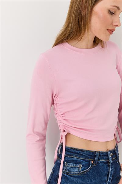 Yanları Büzgülü Uzun Kollu Pembe Bluz 