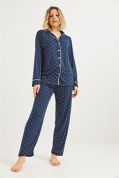 Düğmeli Uzun Kollu Pijama Takımı Lacivert