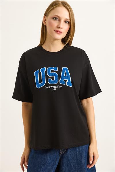 Nakışlı Bisiklet Yaka  Kadın Tshirt Siyah