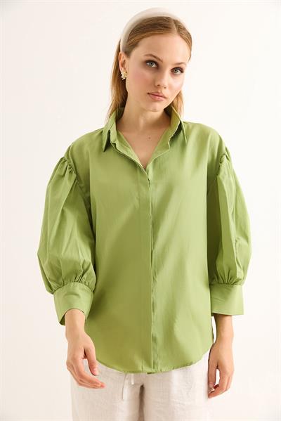 Balon Kol Bol Kesin Kadın Gömlek Yeşil