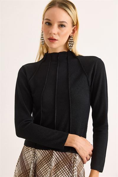 Vücuda Oturan Uzun Kollu Dik Yaka Fitilli Esnek Örme Bluz Siyah