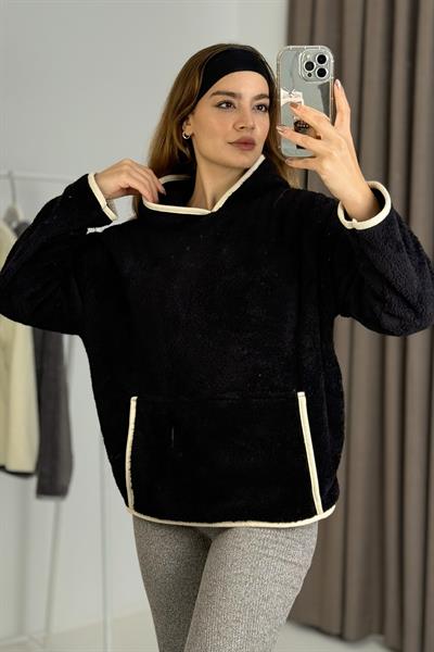 Kadın Kapüşonlu Şerit Detaylı Welsoft Ekru Siyah