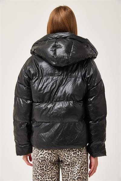 Kapüşonlu Oversize Şişme Mont Siyah