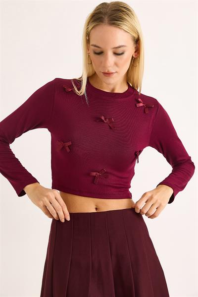 Kadın Kurdeleli Uzun Kollu Crop Bluz Bordo