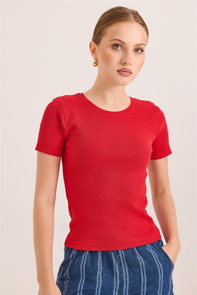 Bisiklet Yaka Örme Kaşkorse Bluz Kırmızı
