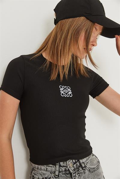 Nakışlı Kaşkorse  Crop Bluz Siyah 