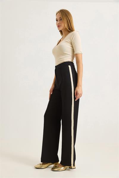 Yanları Şeritlik Bol Paça Kadın Pantolon Siyah