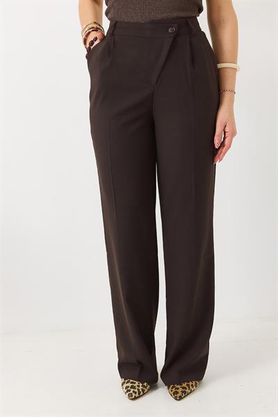 Kadın Çapraz Düğmeli Yüksek Bel Kumaş Pantolon Kahverengi