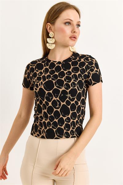 Geometrik Desen Kısa Kollu Bluz Kahverengi