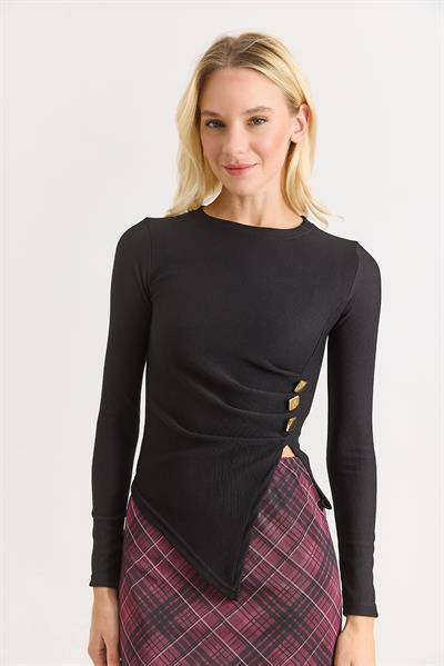 Yanları Tokalı ve Yırtmaçlı Uzun Kollu Bluz Siyah