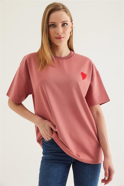 Bisiklet Yaka  Kısa Kol Basic Tshirt Pudra