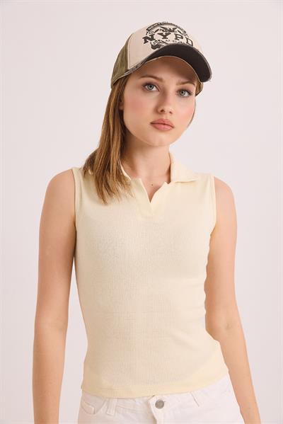 Sıfır Kol Polo Yaka Basıc Örme Kaşkorse Bluz Bej