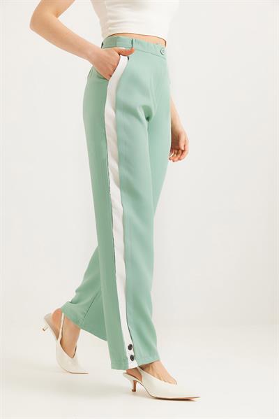 Yanları Şeritli Bol Paça Pantolon Yeşil