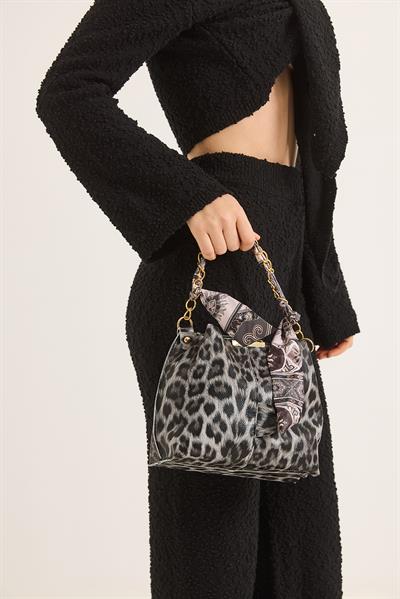 Şallı Mini El ve Omuz Çantası Beyaz Leopar