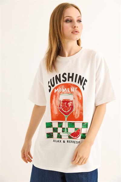 Baskılı Rahat Kalıp Tshirt Beyaz