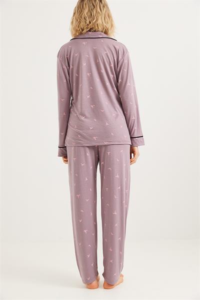Düğmeli Uzun Kollu Pijama Takımı Lila