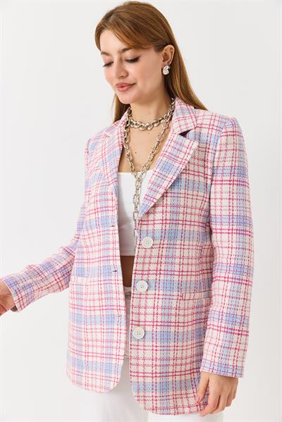 Kadın Ekoseli Blazer Ceket Pembe