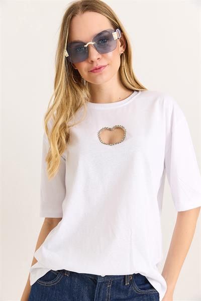 Kalp Dekolteli Bisiklet Yaka Tshirt Beyaz