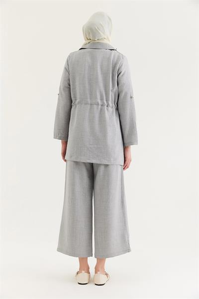 Bel Bağlamalı Ceketli Keten Takım Gri