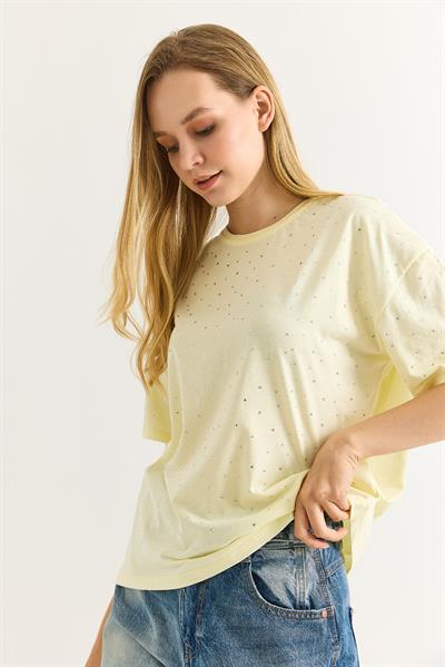 Taş Detaylı Rahat Kalıp Premium Pamuk Tshirt Sarı