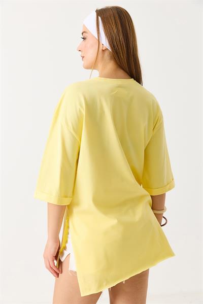 Kadın Yanları Yırtmaçlı  Oversize  Basic Tshirt Sarı