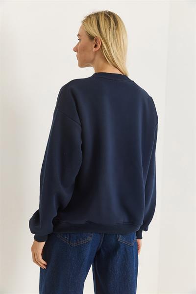 Kadın Üç İplik Leopar Baskılı Sweatshirt Lacivert