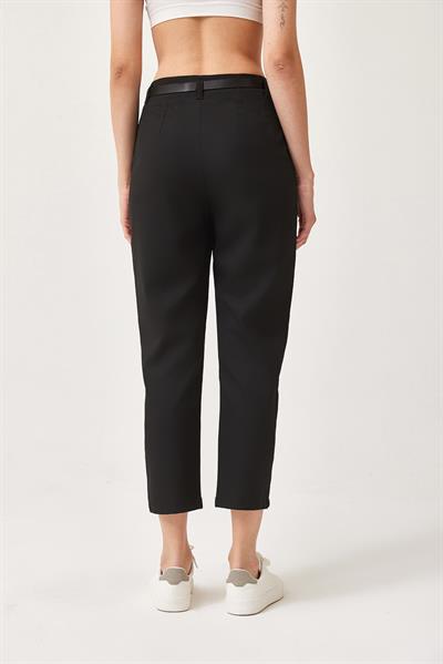 Fermuarlı Kemer Detaylı Dokuma Kumaş Pantolon Siyah