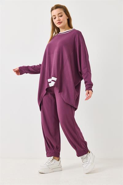 Kadın Beli Lastikli Dökümlü Model Oversize Eşofman Takım Mürdüm