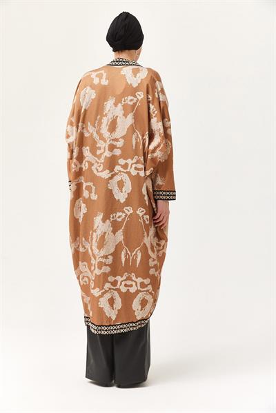 Oversize Şerit Detaylı Kimono Hırka Taba