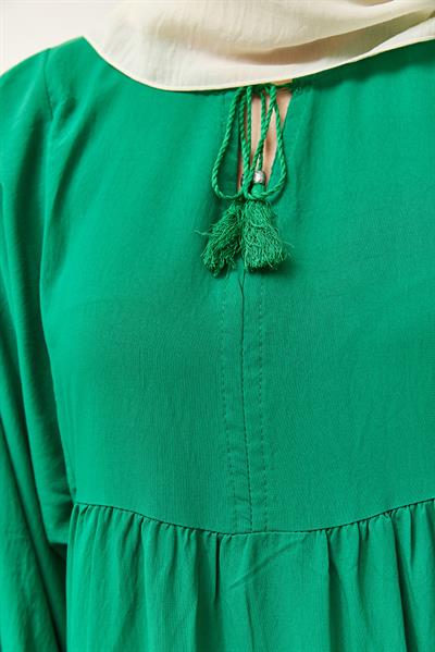 Yakası İpli Kat Model Elbise Yeşil