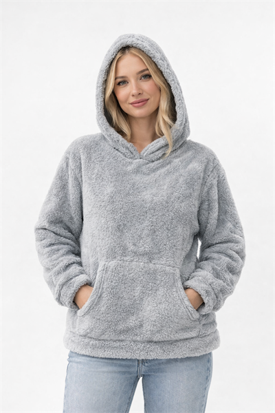 Kadın Kapüşonlu Welsoft Uzun Kollu Siyah Açık Gri